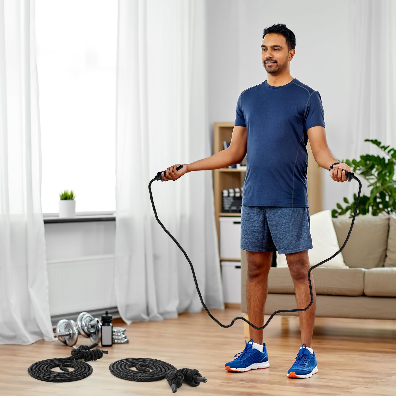 Flow Oefening Touw voor Fitness Flow Dubbele Vlecht Workout Touw met 2 Stuks Doek Zakken Verstelbare Lengte Springtouwen voor Training Mannen Vrouwen Thuis Gym Training Indoor Outdoor 2,7 m (zwart, 1