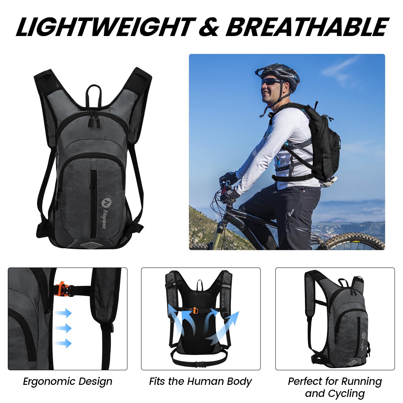 Nepest Sac à dos d'hydratation avec poche à eau de 2 L, sac à dos léger pour randonnée, course à pied, vélo