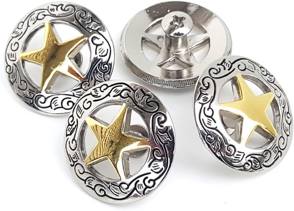 Set of 4 1-1/8" Silver Engraved Gold Star Concho W/ 1/4" Screw Back