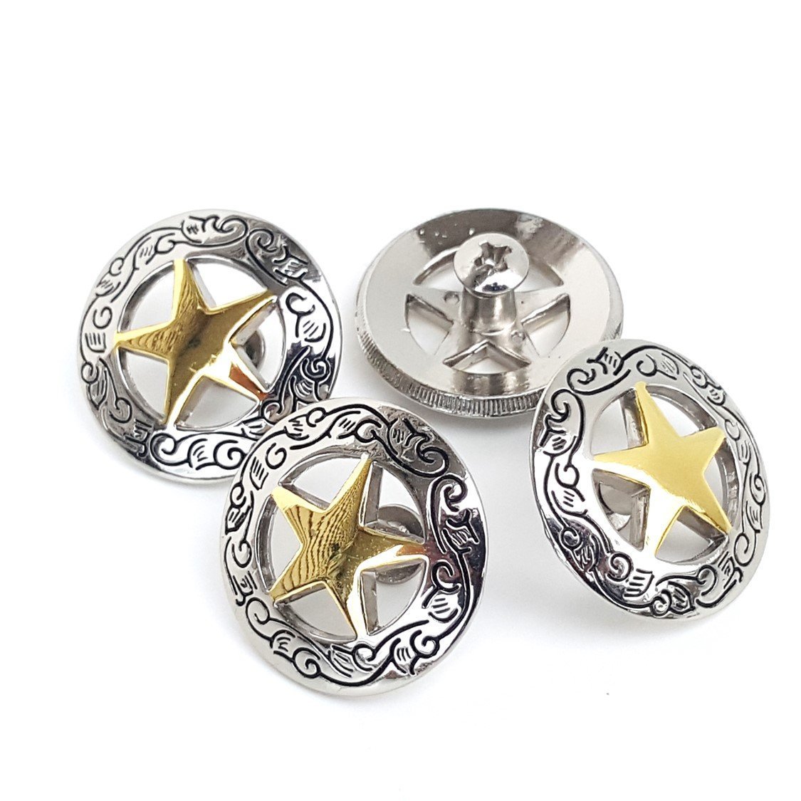 Set of 4 1-1/8" Silver Engraved Gold Star Concho W/ 1/4" Screw Back