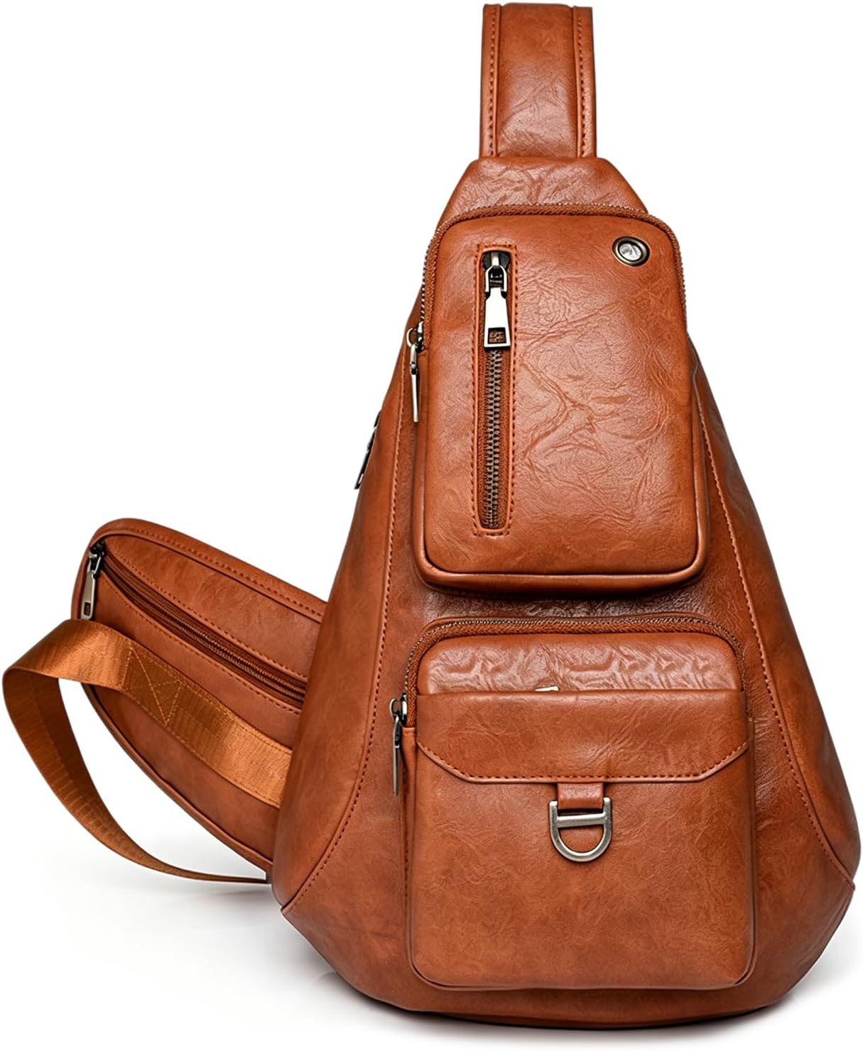 Unisex PU Leather Sling Bag, Multi-Pocket Anti-Theft Crossbody Chest Bag for Daily Travel Commute,Brown