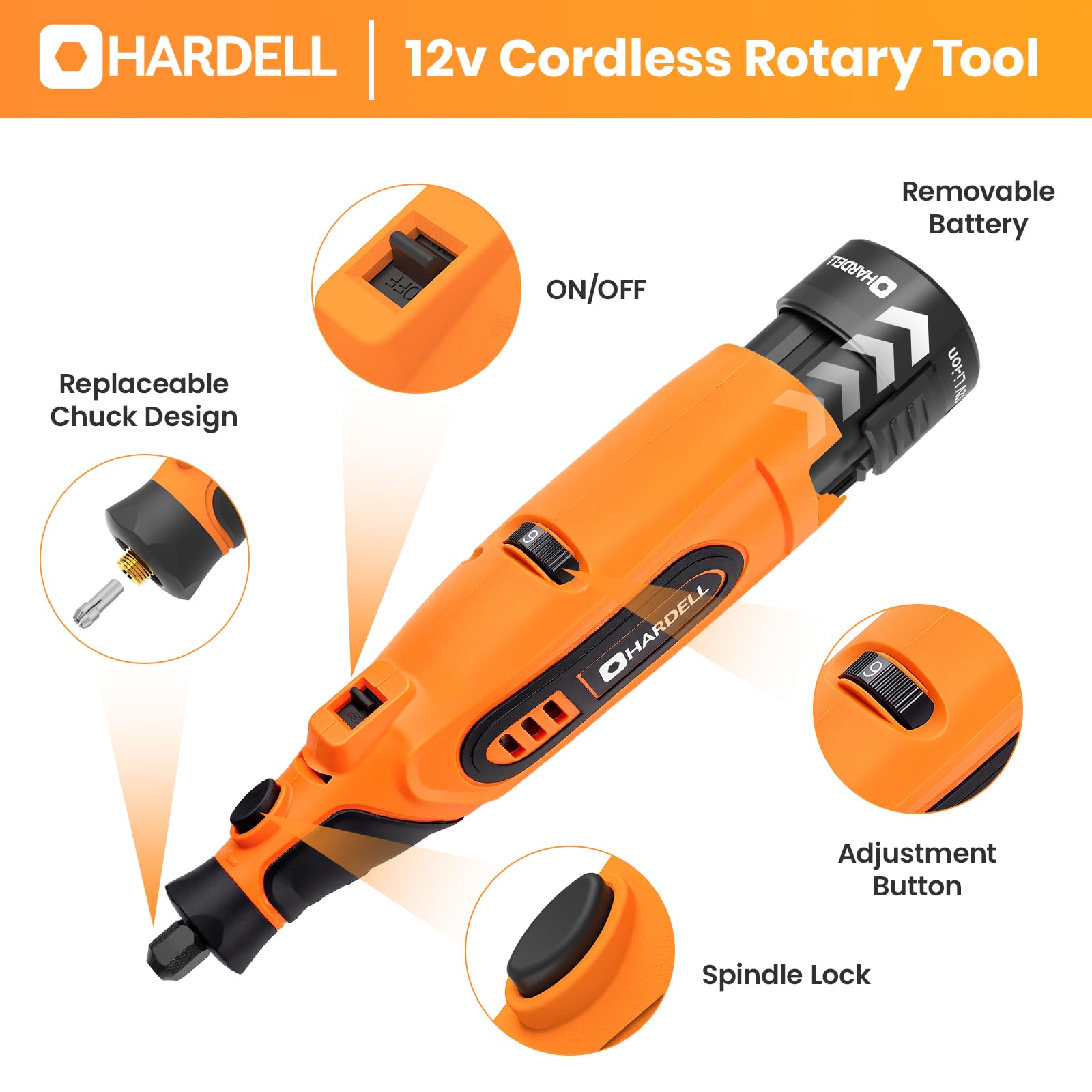 HARDELL Kit de Herramienta Rotativa Inalámbrica de 12 V Actualizado con 43 Accesorios, 6 Velocidades (10 000-25 000 RPM), Batería Extraíble de 1500 mAh, Larga Autonomía para Lijar, Pulir