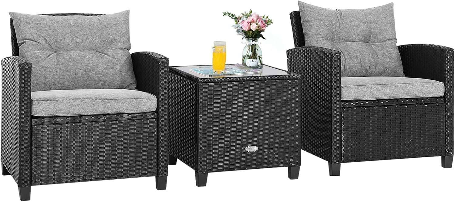 Costway 3 Piece Outdoor Wicker Sofa Set, Patio Rattan Conversation Set, Sturdy Tempered Glass Tabletop, Heavy-Duty Steel Structure, Weatherproof Wicker Set for Poolside, Backyard (Grey)