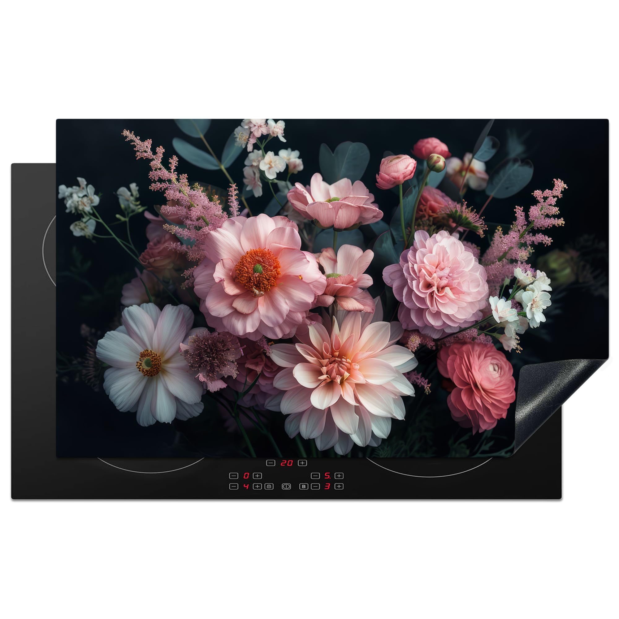 KitchenYeah© Induction Hob Cover Protector Mat 20.3"x32.7" / 83x51.5 cm Kitchen Universal Ceramic Covers for Electric Cookers Vinyl Flowers - Colourful - Pink - Plants — image 1