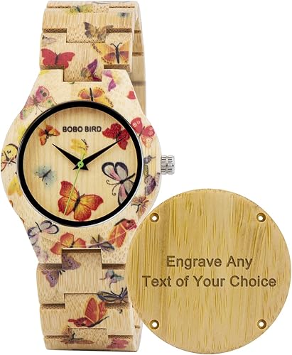 Miniatura 9 de BOBO BIRD Reloj de bambú para mujer con grabado de mariposa hecho a mano estilo casual