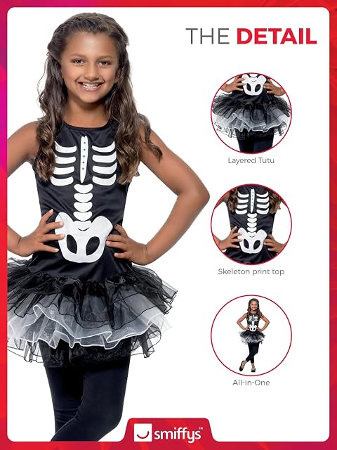 Foto 5 de 8 de Smiffys Disfraz de esqueleto con tutú, Negro y blanco, con vestido con tutú estampado Halloween, Carnaval