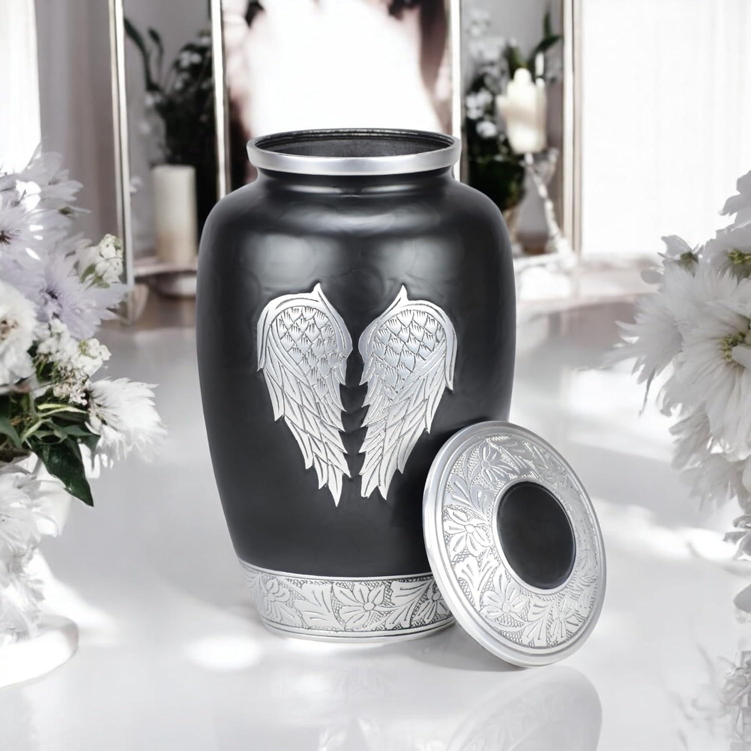 Angel Wings Cremation Urn for Human Ashes – Large Memorial Keepsake with Velvet Bag – Elegant Tribute for Adults, Male & Female – Burial, Funeral & Decorative Urn (Black)