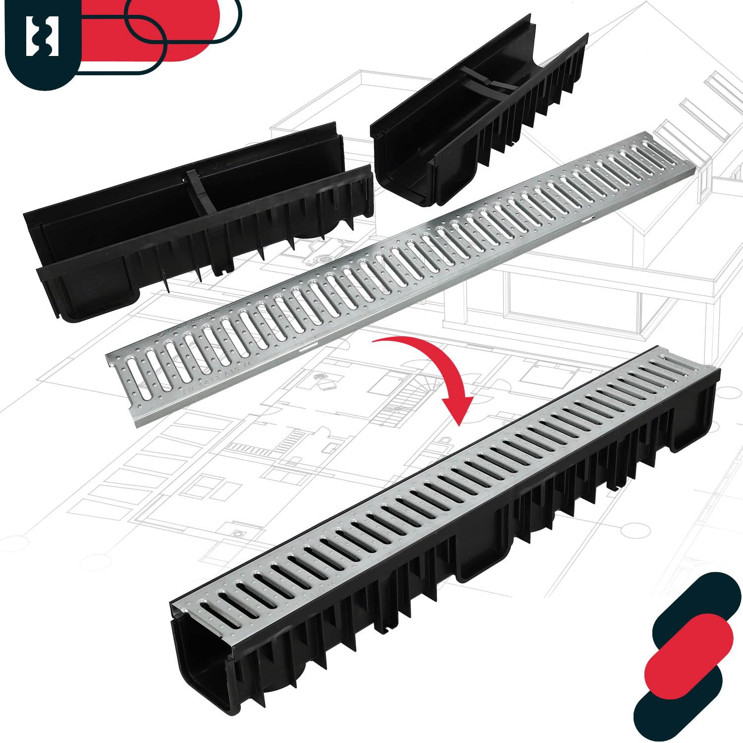 KOTARBAU® Canaleta de drenaje para garaje, sistema A15 EN1433 de 121 mm, rejilla de acero galvanizada, juego completo de canaleta para drenaje de agua de lluvia, canalón de suelo