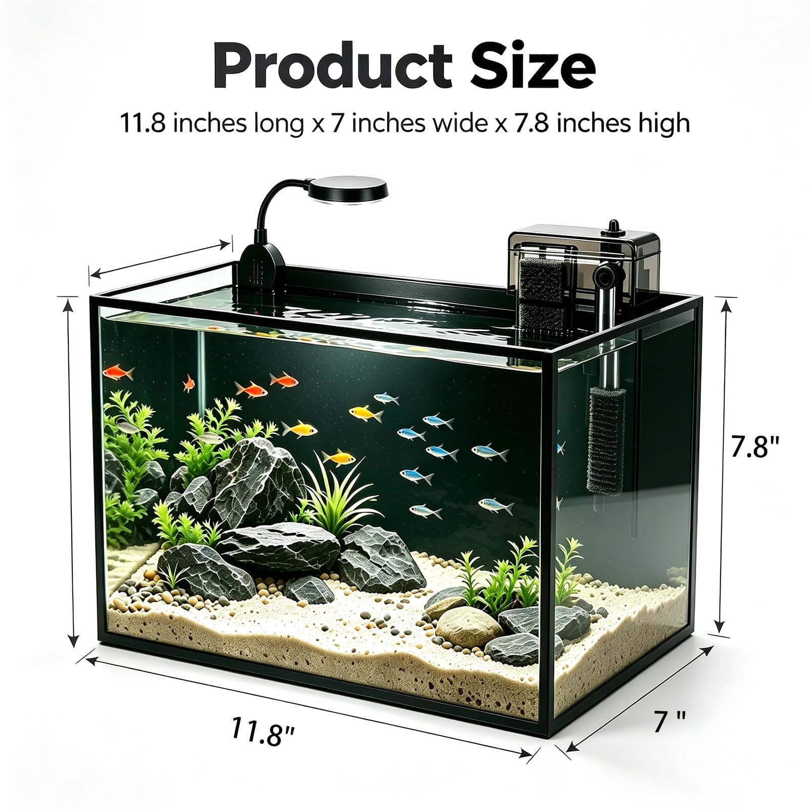 Kit acquario nano naturale da 2,8 galloni, piccolo acquario in vetro trasparente con luce e filtro, adatto per piccoli pesci, gamberetti o pesci Betta, nero.