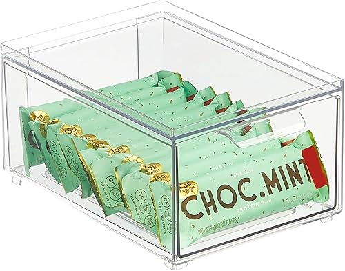 mDesign Caja apilable de almacenamiento con cajón extraíble, contenedores apilables de plástico para despensa de cocina y armario, encimera, isla y