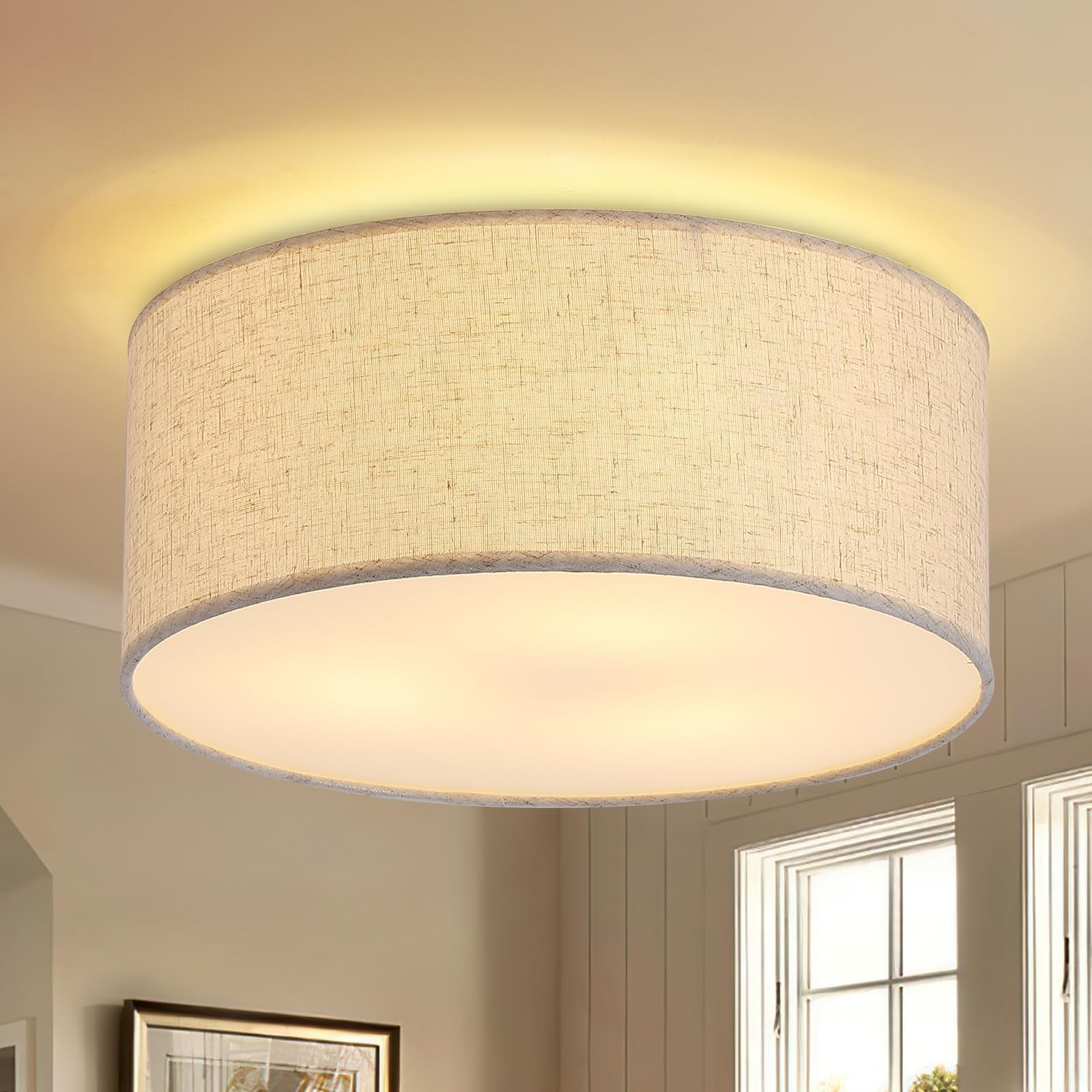 12.6" Modern Close to Ceiling Light with Linen Fabric Drum Shade,3-Light Semi Flush Mount Ceiling Light Fixture,Drum Light Fixtures Ceiling Mount for Kitchen, Bedroom, Bathroom, Living Room, Hallway