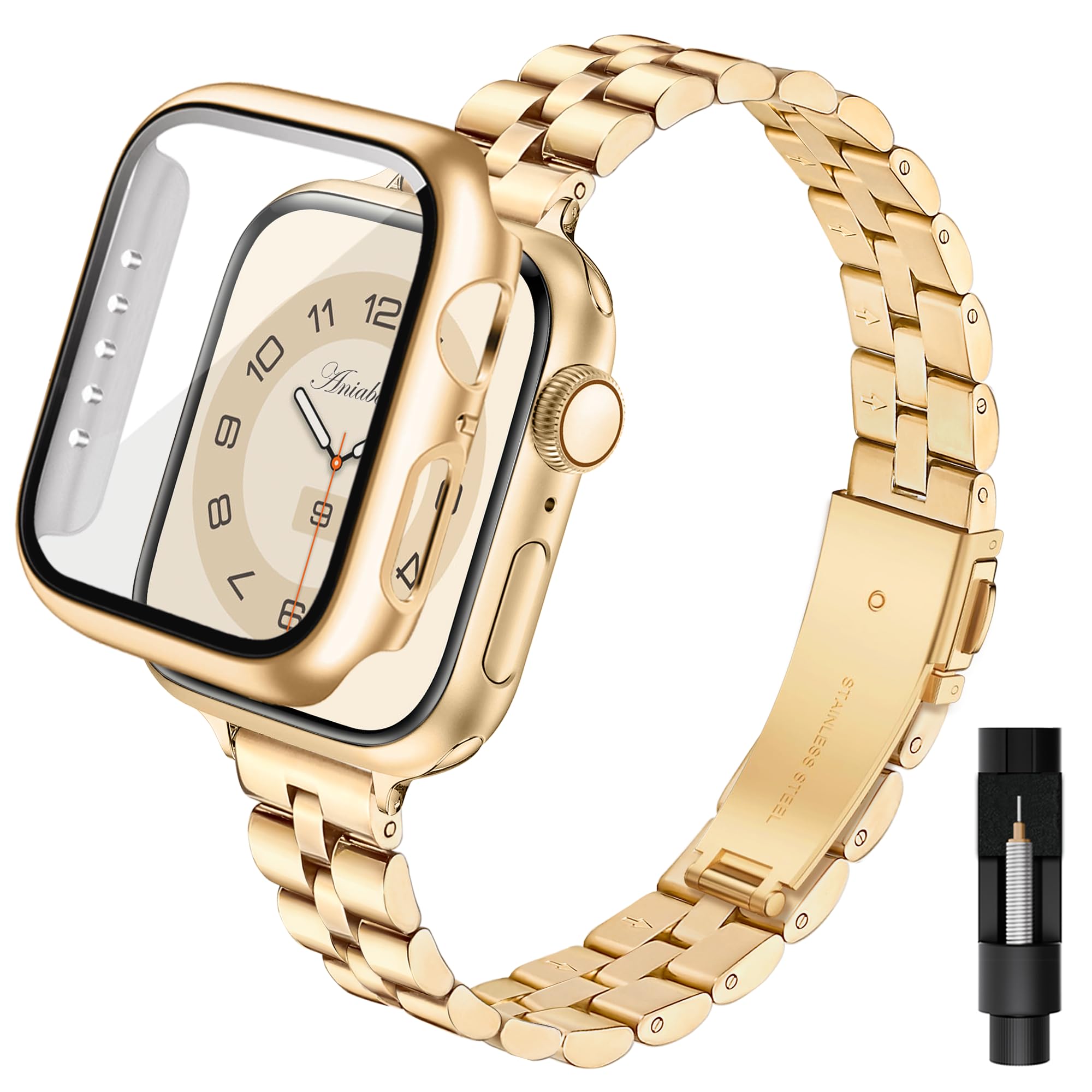 Aniaboho Kompatibel mit Apple Watch11/10 Armband 42mm mit Schutzhülle, Ersatz Edelstahl Metall iWatch Armband Damen mit Hülle für Apple Watch Series 11/10 42mm, Schmuck für Fraue (Gold)