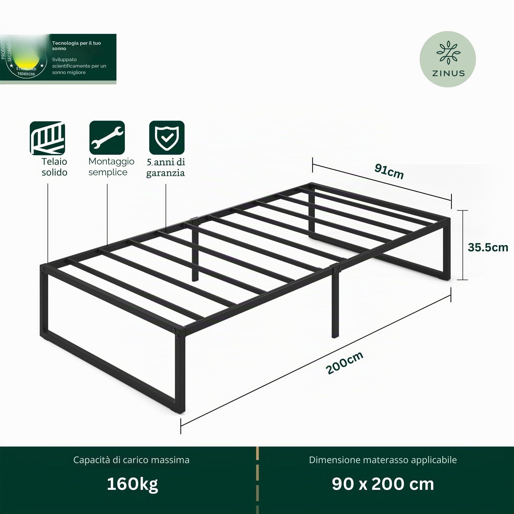 Zinus Letto Lorelai 90 x 200 cm – Altezza 36 cm con spazio sotto il letto – Telaio in metallo – Nero