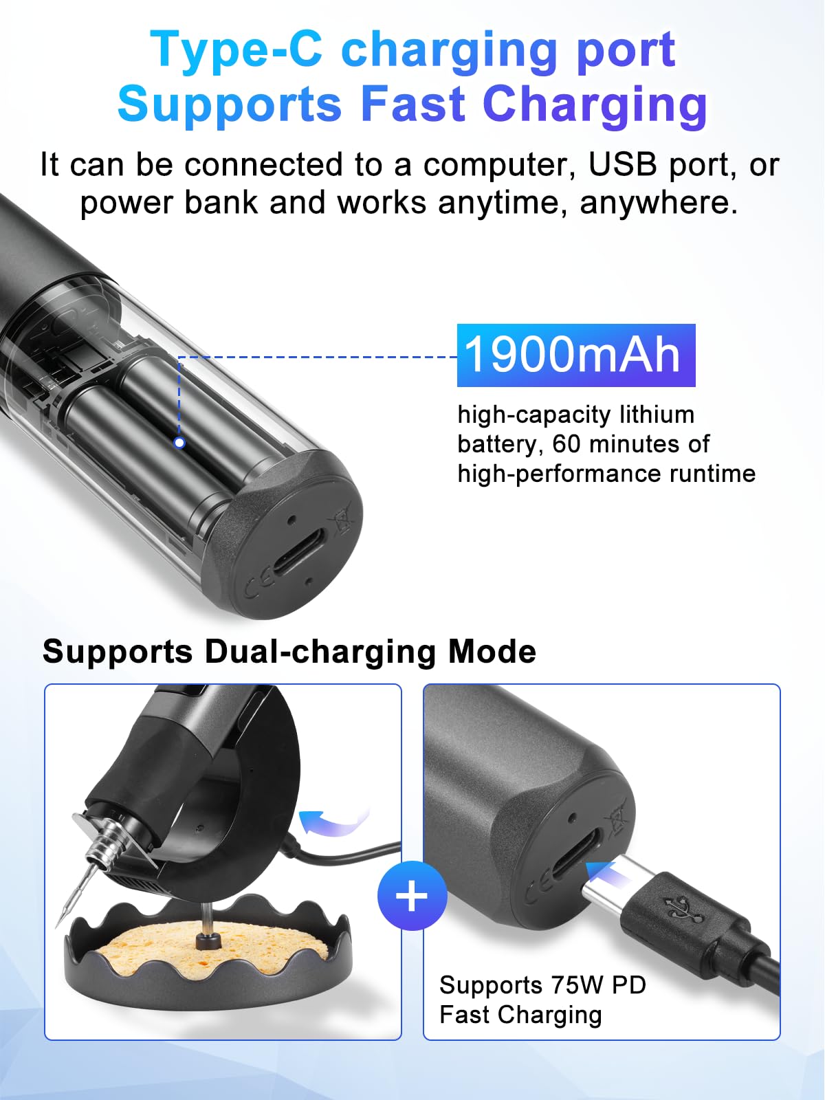 Juego Soldador con Batería de 1900 mAh, Soldador Inteligente de 75 W con Pantalla LCD de 180 – 480 °C, Carga Rápida USB-C, Luz LED Integrada, 3 Puntas de Soldador, Juego de Soldadura
