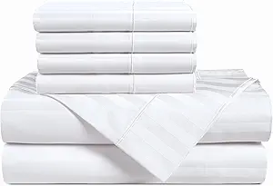 Casa Platino 100% Egyptian Cotton Sheets Queen Size Set - 6 Pieces - Damask Stripe- Ultra Smooth Sateen Weave Bed Sheets, 15" Deep Pockets - Pure White Sheet Set