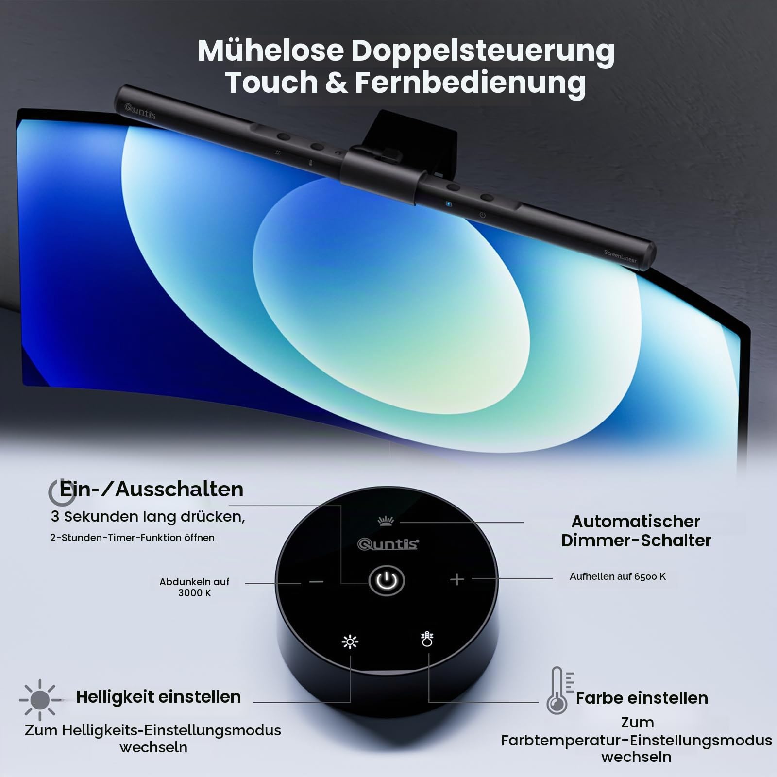 Quntis Computer Monitor Lampe LED mit Fernbedienung & Touch Control, 40cm Monitor Light Bar mit Anti-blaues Licht, Bildschirmlampe USB mit Auto-Dimmen, PC Büro Lampe
