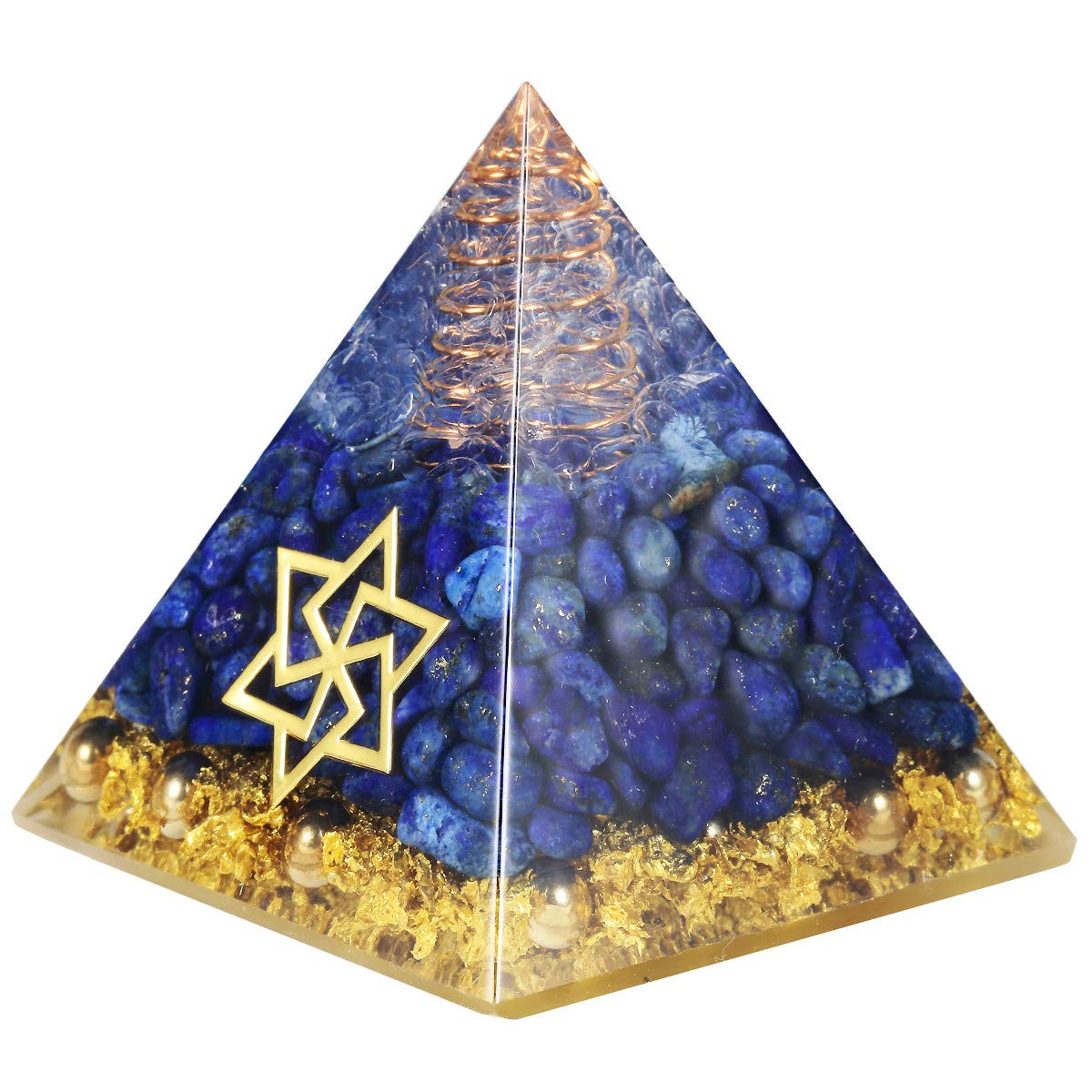 NupuyaiLapis Lazuli Chakra Healing Crystal Pyramid for Protection, Copper Star of David Reiki Energy Figurine for Meditation Stress Relief