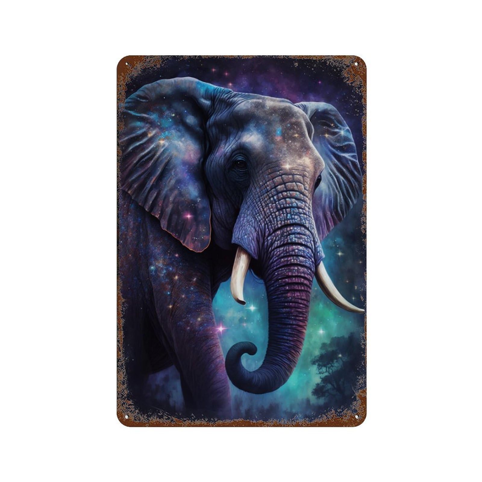 Cosmic Elephant Art Print-7 Vintage Wall Sign 11.8"x7.9", Rust Effect Metal Decor for Shed, Workshop And Garage Wall Decor