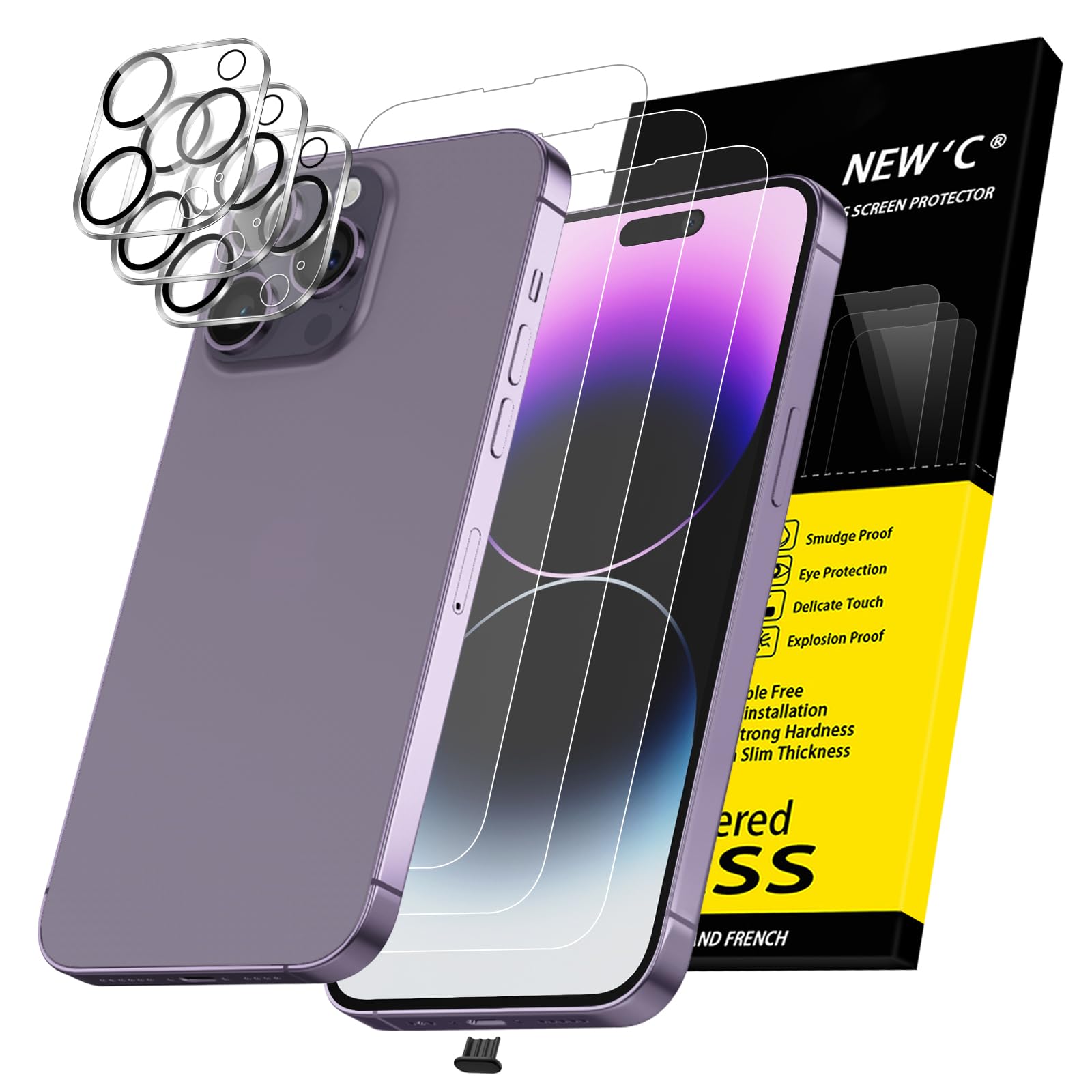 NEW'C 3x for iPhone 14 Pro Max Screen Protector (6.7 inches)+ 3x Camera Lens Protector, Sensor Protection + Dust Plug - Case Friendly Tempered Glass Film, Ultra Resistant