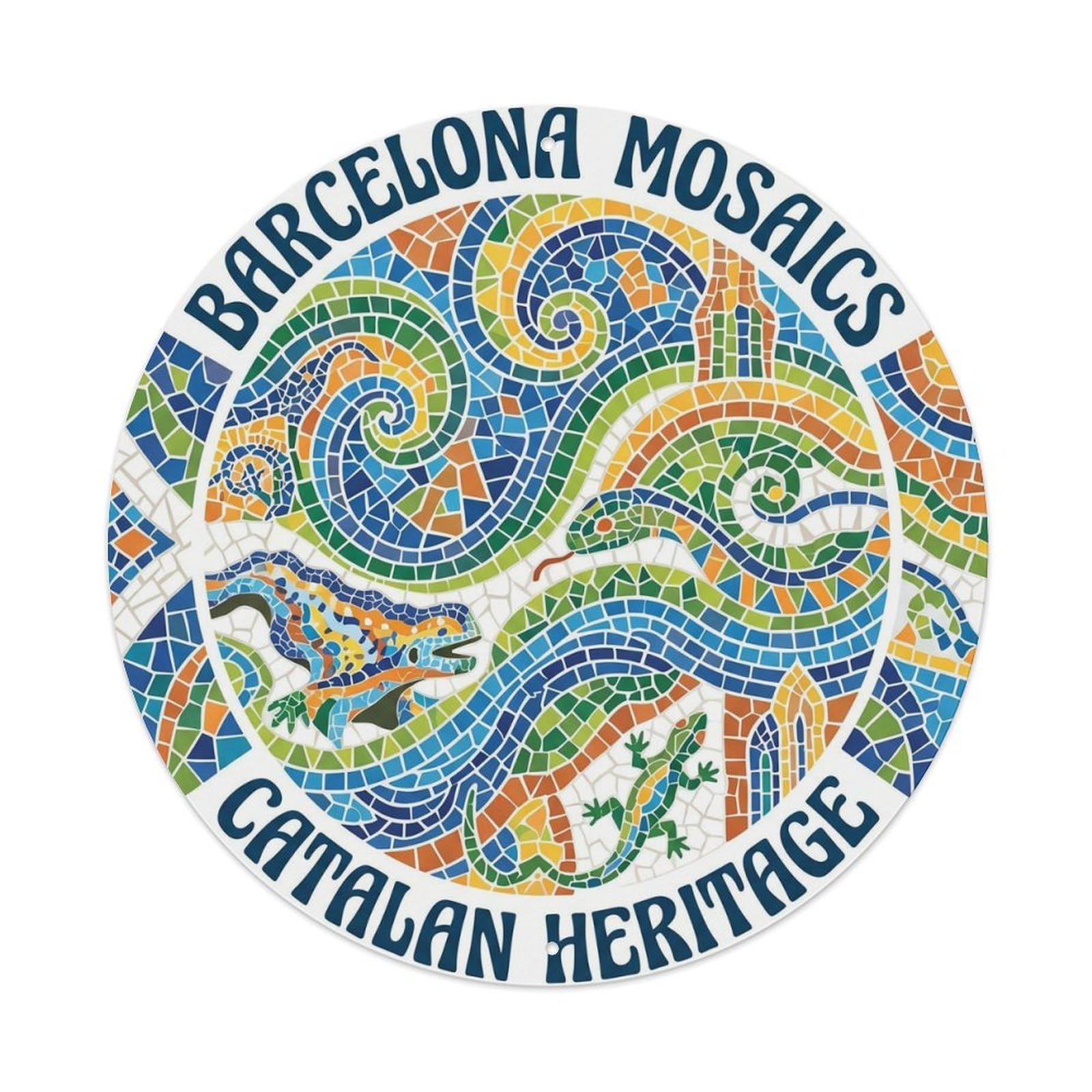 Mediterranean Barcelona Mosaic Catalan Heritage Travel Cityscape Metal Tin Sign Plaque Wall Decor for Cafe, Man Cave, Club Bar, Office, Home Garden Round Metal Poster 8x8Inch
