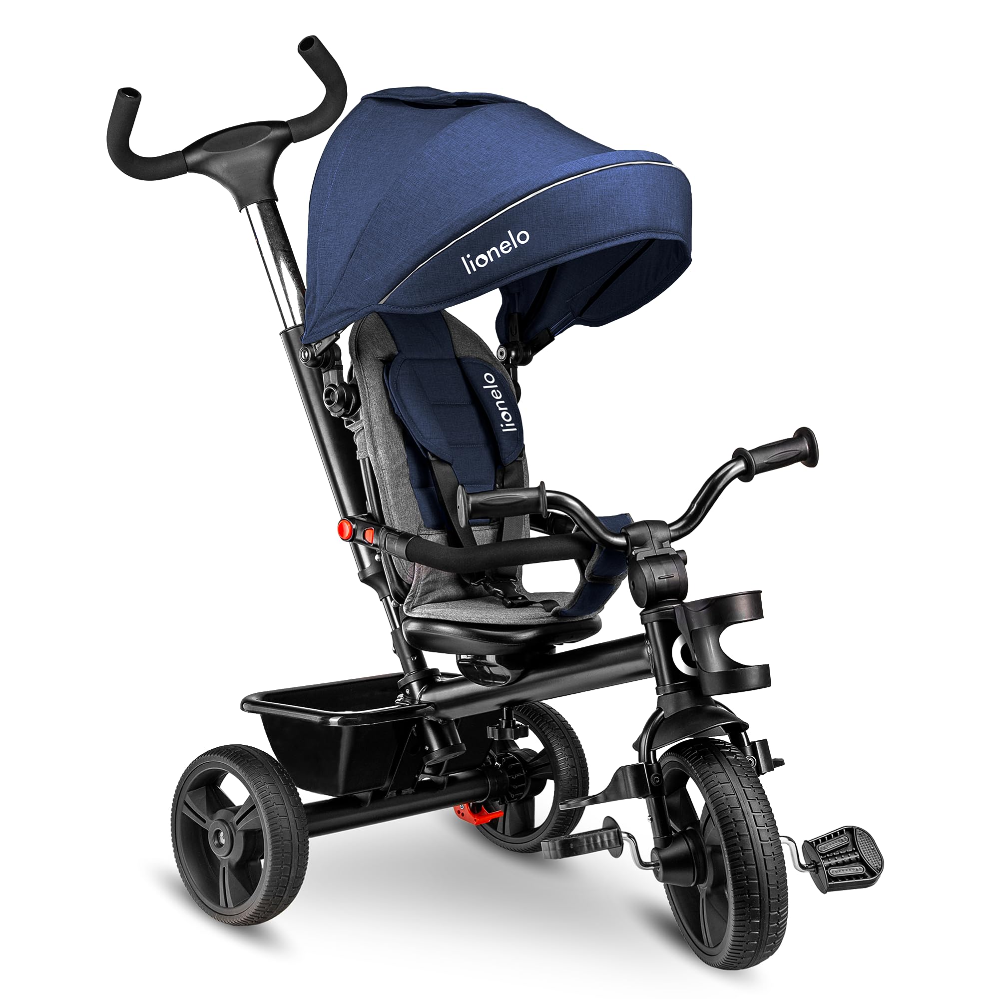 LIONELO Haari Triciclo Evolutivo para Niños, Bicicleta Bebe 4 en 1, Menores hasta 25 kg, 1,5-5 años, Carrito Cesta espaciosa, Bolsa y portavasos, Cinturones de 3 Puntos, Toldo Jeans