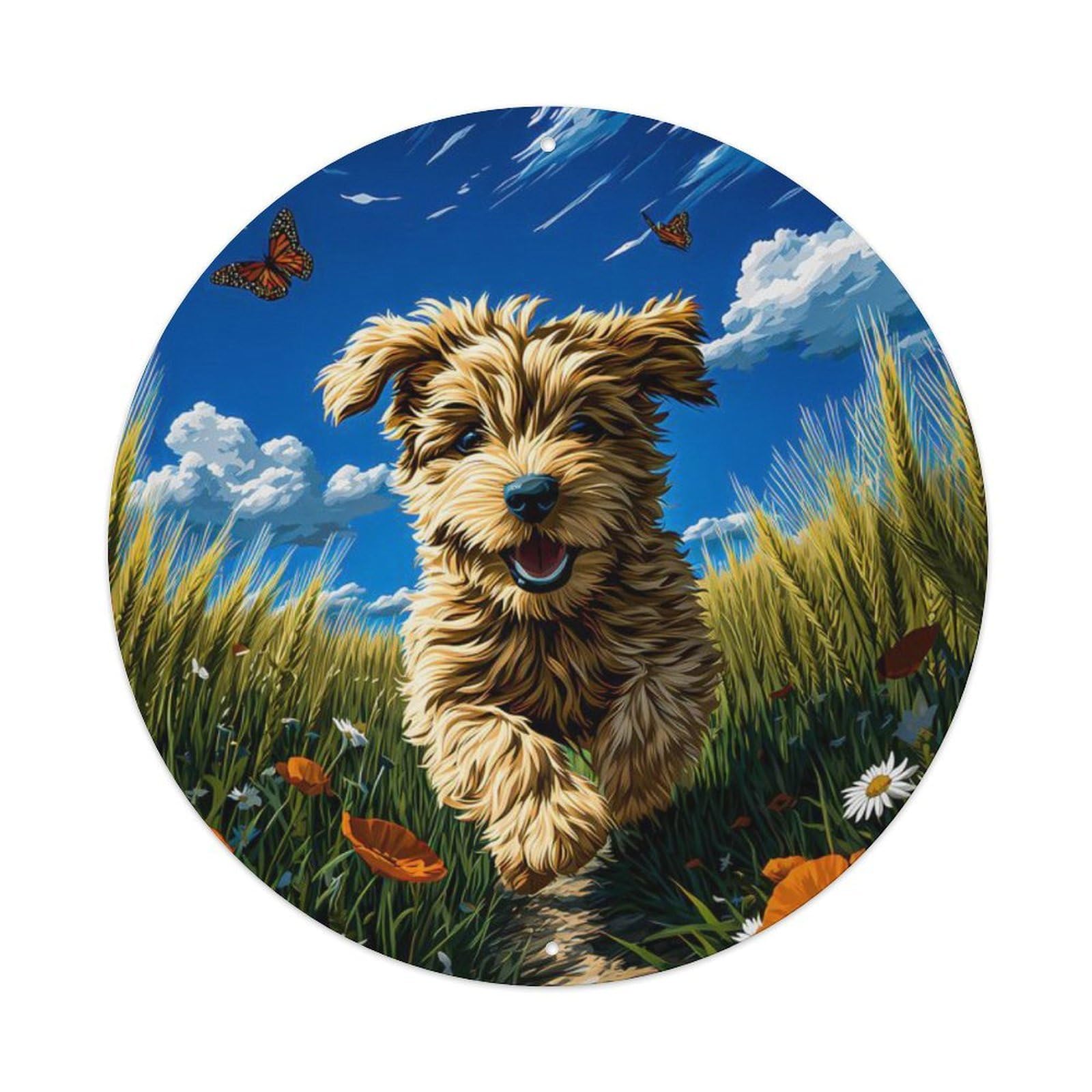 Animal Running Puppy Monarch Butterfly Summer Countryside Poppy Daisy Vintage Metal Tin Sign Plaque Wall Decor for Cafe, Club Bar, Office, Garden Metal Poster 8x8Inch