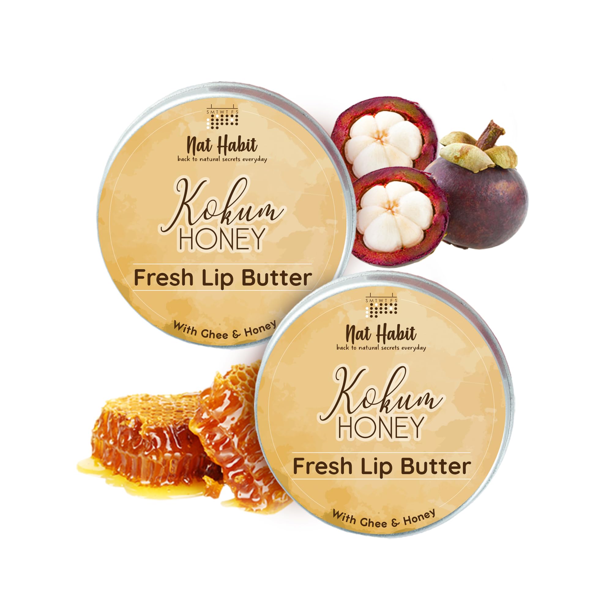 Nat Habit Kokum Honey Lip Balm Fresh Infused Lip Butter With Desi Ghee & Raw Honey For Lips Lightening, Lip Repair, Dark And Chapped Lips (Pack of 2 X 10g)