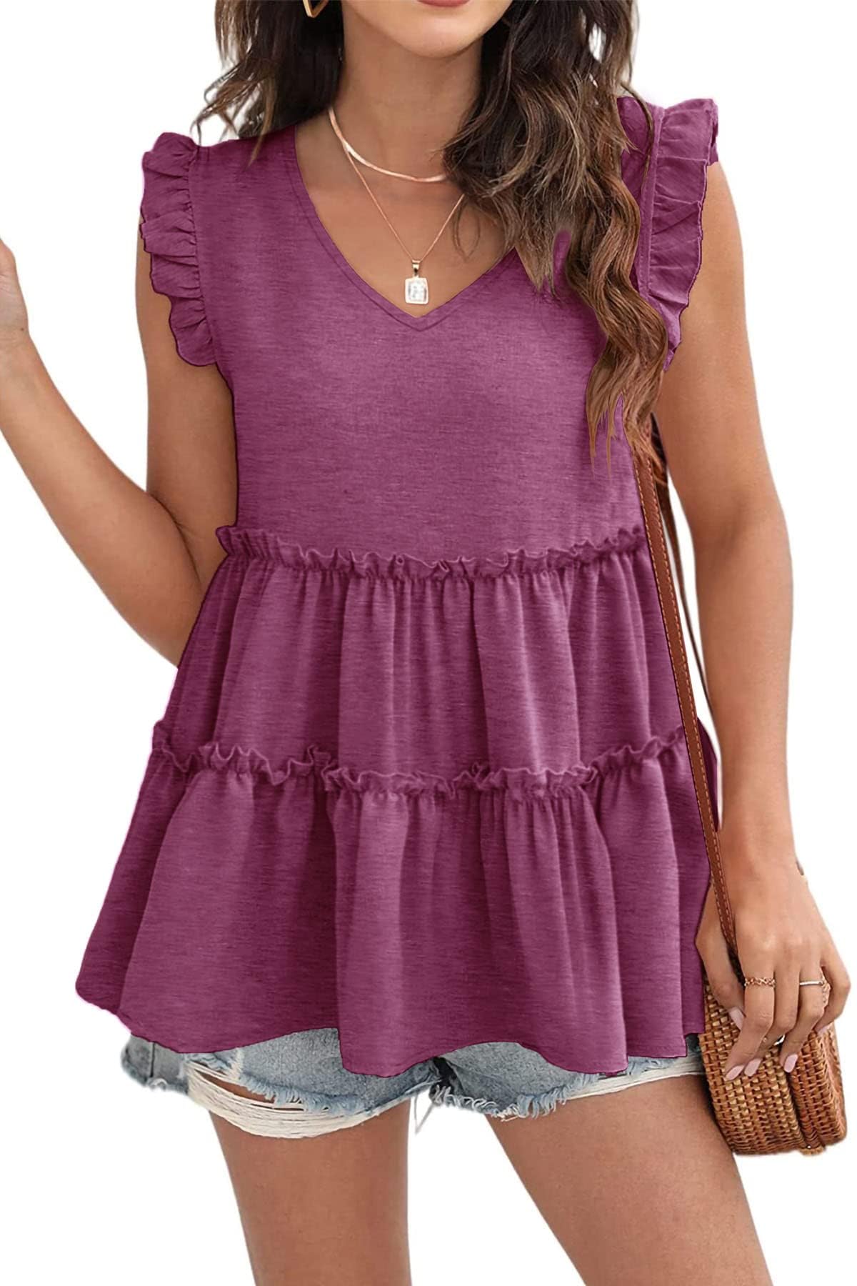 Womens Babydoll Tank Tops V Neck Ruffle Sleeve Pleated Peplum Shirts Summer