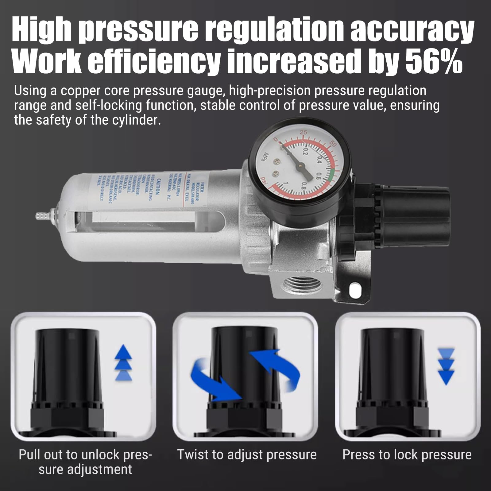 1/2" BSP Filtre Régulateur d'Air Comprimé, Regulateur de Pression d'air Filtre Compresseur Dair Détendeur d'air comprimé filtre à air Séparateur d'eau Réducteur de pression Avec Manomètre