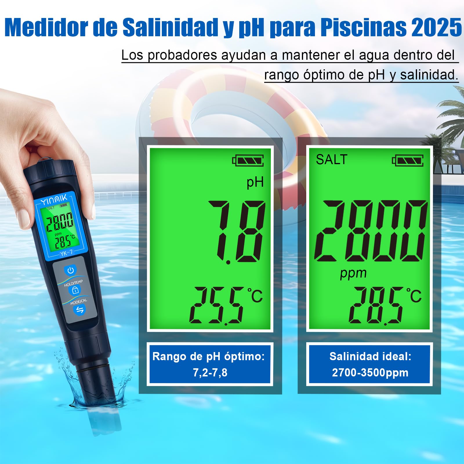 5 en 1 Medidor de pH Salinidad TDS EC Temp para Piscina de Agua Salada, Acuario Koi, Hidropónico