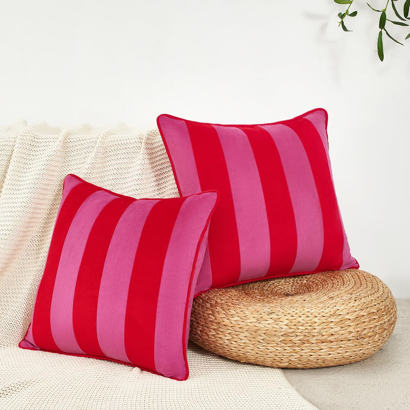 MONDAY MOOSE Decorative Throw Pillow Covers Cushion Cases, Set of 2 Soft Velvet Striped Piping Edge Designs, Pillow Inserts Not Included (20x20 inch, Hot Pink/Red) - Image 3