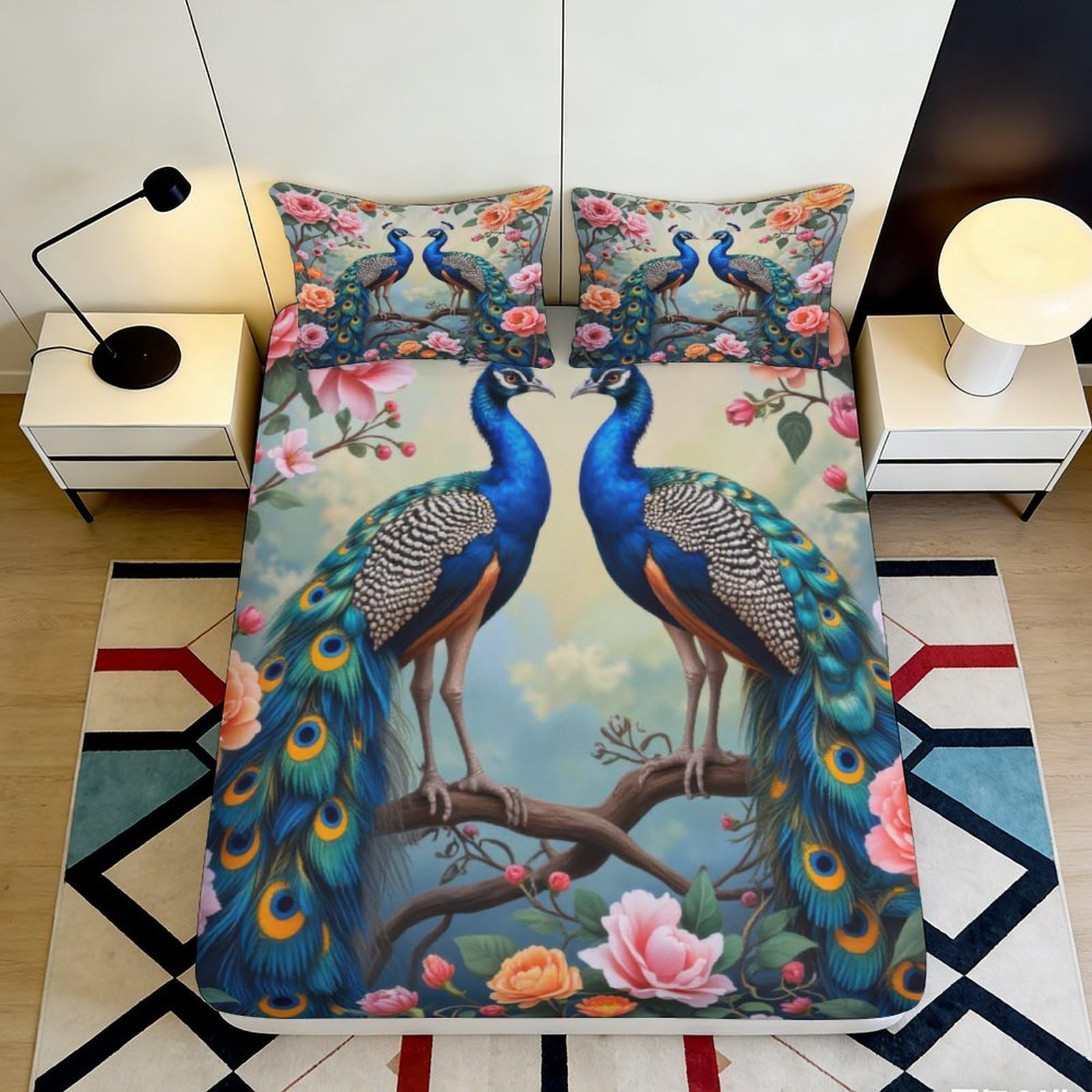 3D Printed Peacock Pattern Fitted Sheet Microfiber Deep Pocket Non-Slip Peacock Mattress Fitted Cover for Adults Teens 200x200x25cm 90x200x25cm
