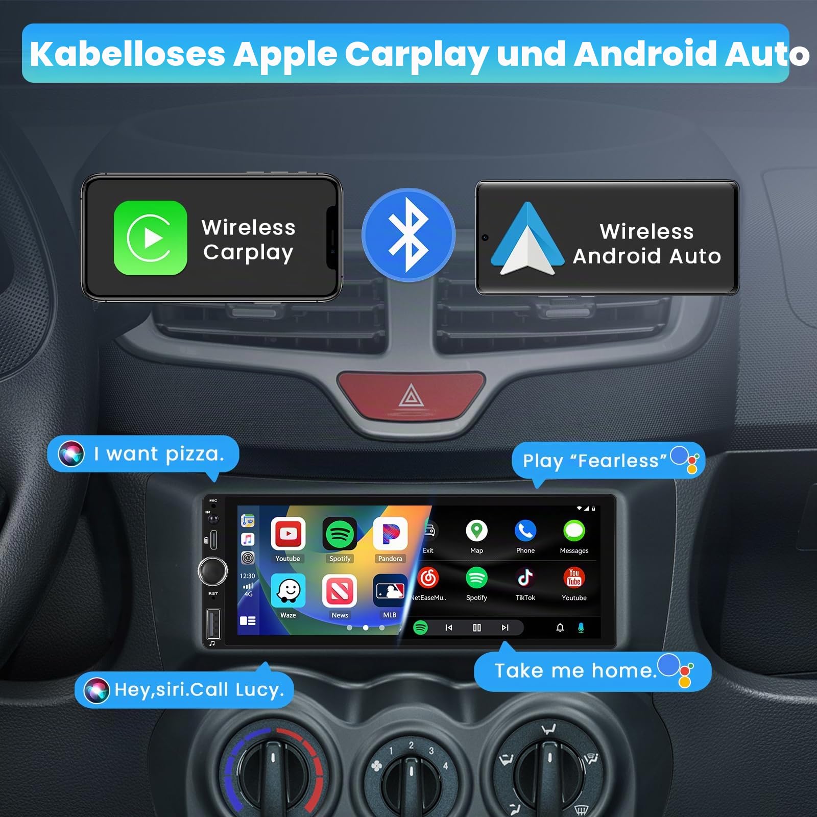 Inefala Autoradio 1 DIN mit Wireless CarPlay Android Auto, 6,9 Zoll Touchscreen Radio Bluetooth 1 Din mit FM/RDS Radio, Link Spiegel, SWC, EQ, Type-C Ladung/TF/USB/MIC/AUX+Rückfahrkamera