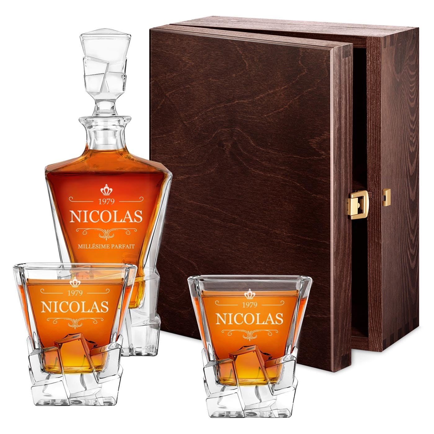 Maverton Carafe et 2/4 / 6 verres - Avec motif décoratif - Ensemble personnalisé pour homme - Set élégant pour lui - Ensemble à whisky au design unique - Pour connaisseur - Cadeau Noel - Couronne