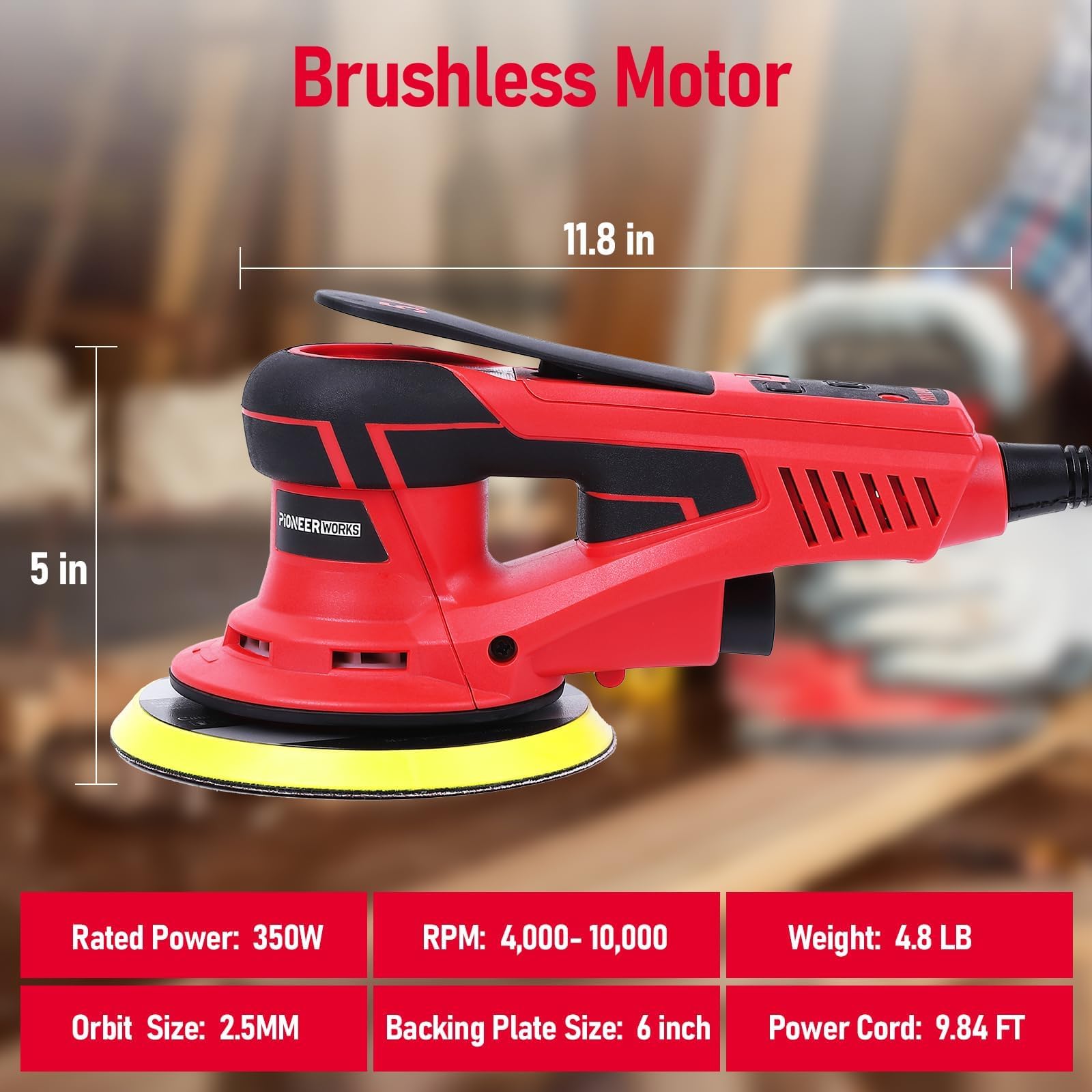 Exzenterschleifer 350W bürstenlos - Schleifteller 150mm - 2,5mm Hub - 5 einstellbare Geschwindigkeiten - niedrige Vibrationen - 10000 U/min - Kompakt für Holz und Polieren - Deutschland