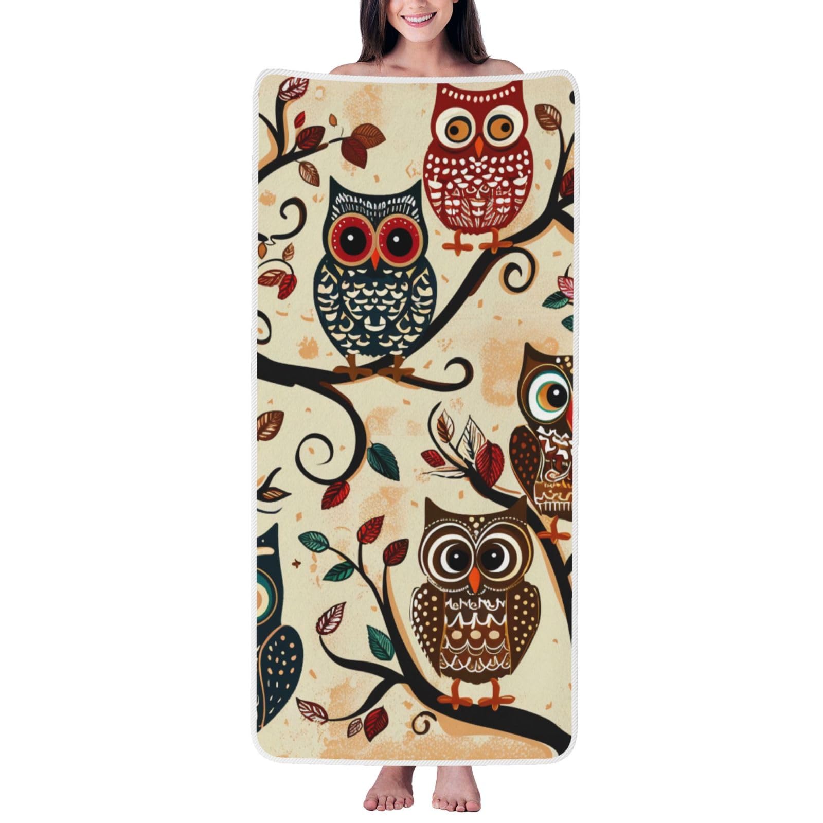 WPKJU Owls on Tree Branches Printed Bath Towel with White Edging - 27x55 in Soft Extra Absorbent Coral Velvet Shower Towels for Bathroom