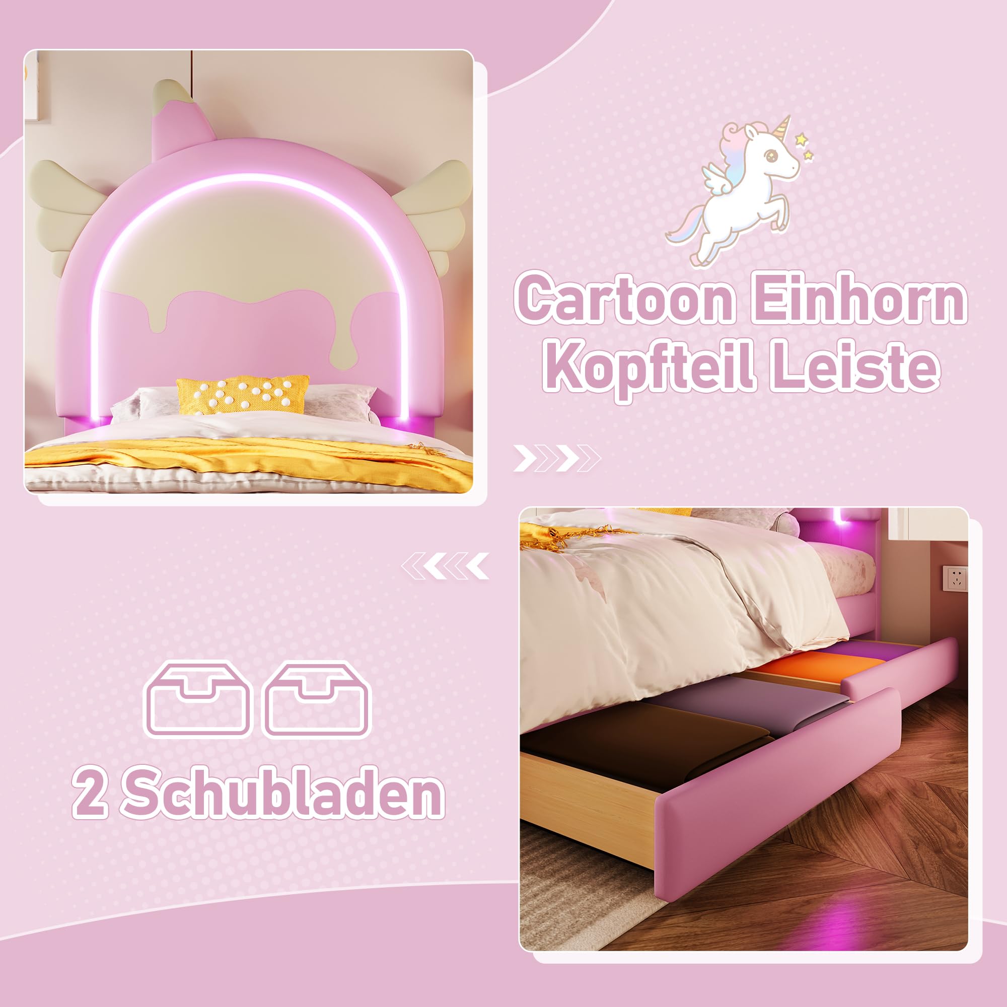 Lettino per bambini, 90 x 200 cm, con LED, struttura per letto singolo con 2 cassetti, struttura per letto singolo con rete a doghe e testiera a forma di unicorno, PU, rosa