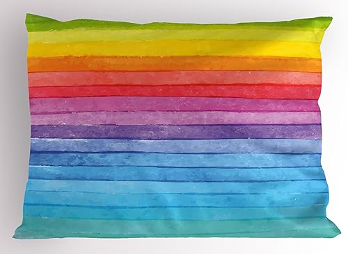 Ambesonne Funda de almohada abstracta, diseño de rayas horizontales de colores arcoíris, diseño vibrante dibujado a mano, funda de almohada