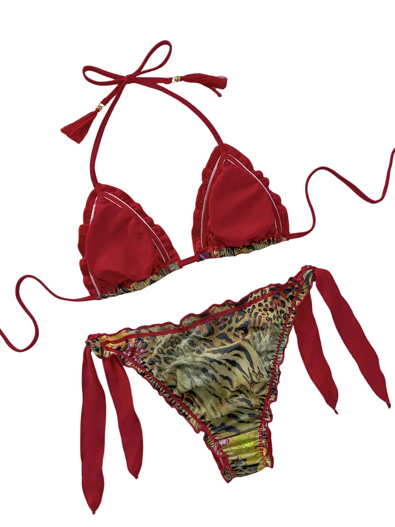GORGLITTER Bikini da donna a triangolo, costume da bagno in due pezzi, con allacciatura al collo, costume da bagno leopardato, costume da bagno estivo, per vacanze e spiaggia