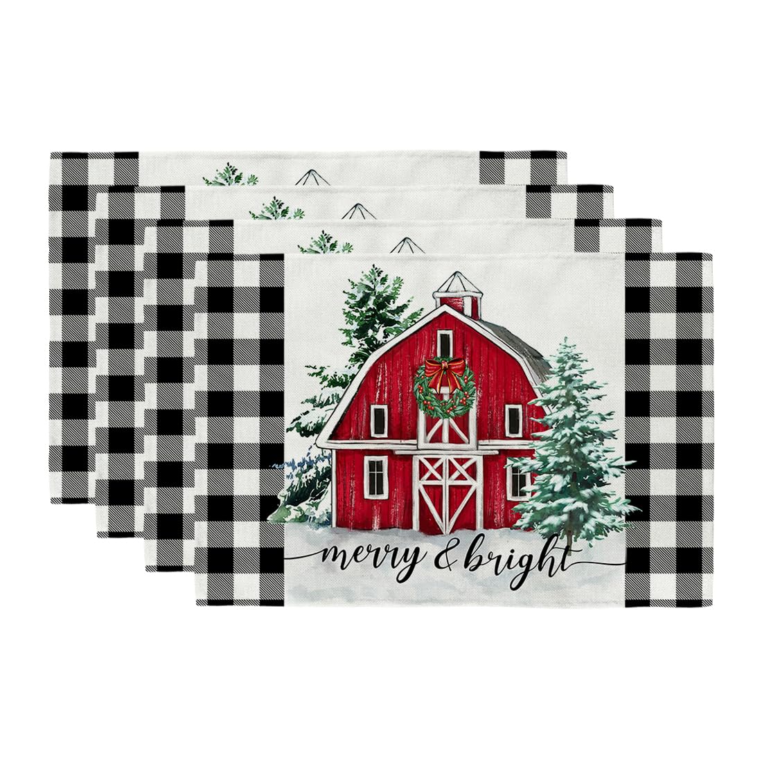 ARKENY Christmas Placemats 12x18 Inches Set of 4, Merry Bright Tree Cottage Winter Seasonal Burlap Buffalo Plaid Farmhouse Indoor Outdoor Kitchen Dining Holiday Decoration for Home Party AP498-18