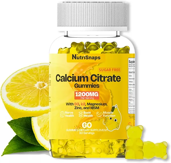 Sugar Free Calcium Citrate Gummies 1200mg with Vitamin D3 K2, Magnesium, Zinc, MSM for Men & Women, Bone, Muscle, Immune Support, Ultimate Absorption Calcium Supplement, Vegan, 60 Count