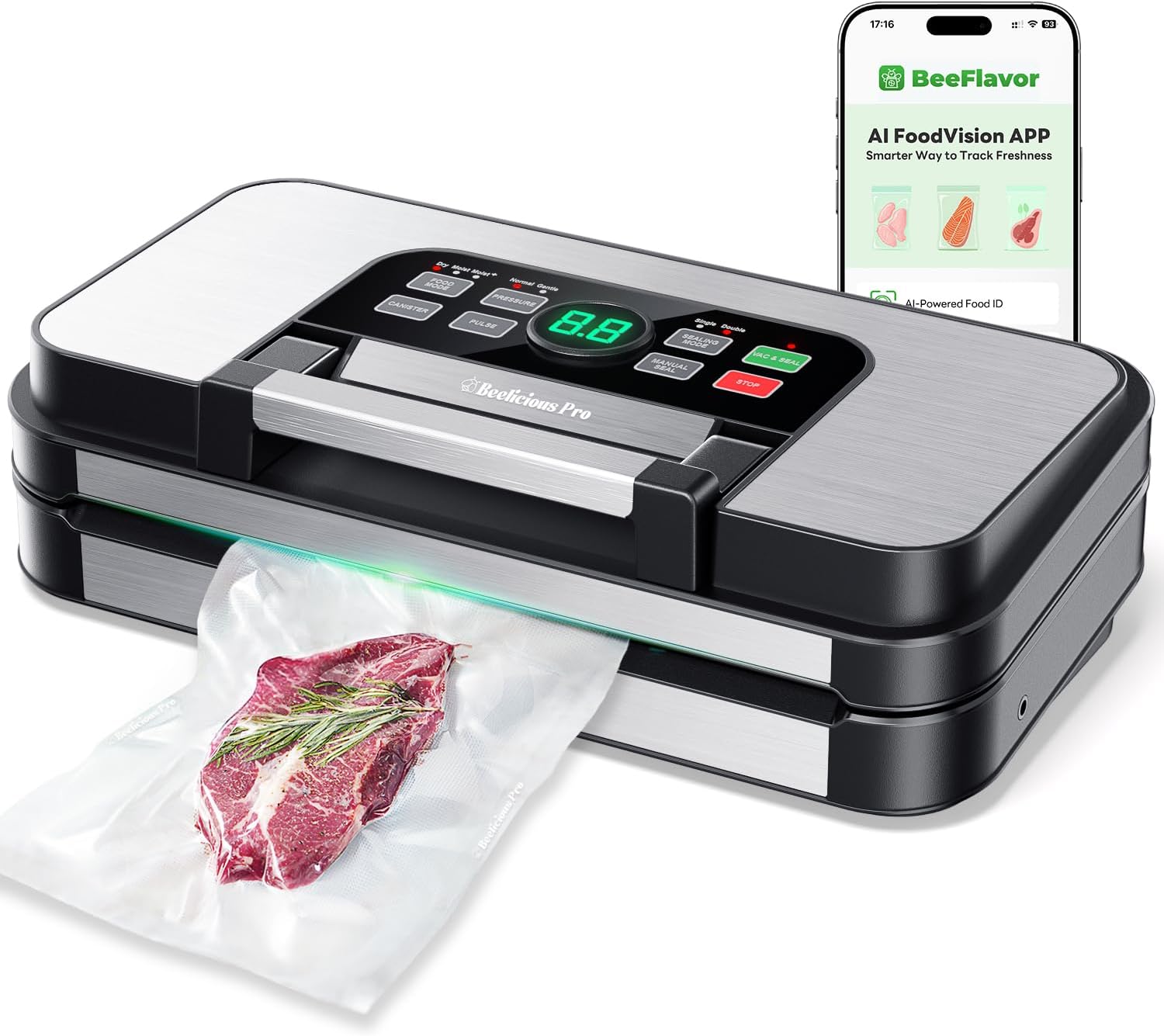 Beelicious Pro Vacuum Sealer with 10 Modes, 1-Hand Lock