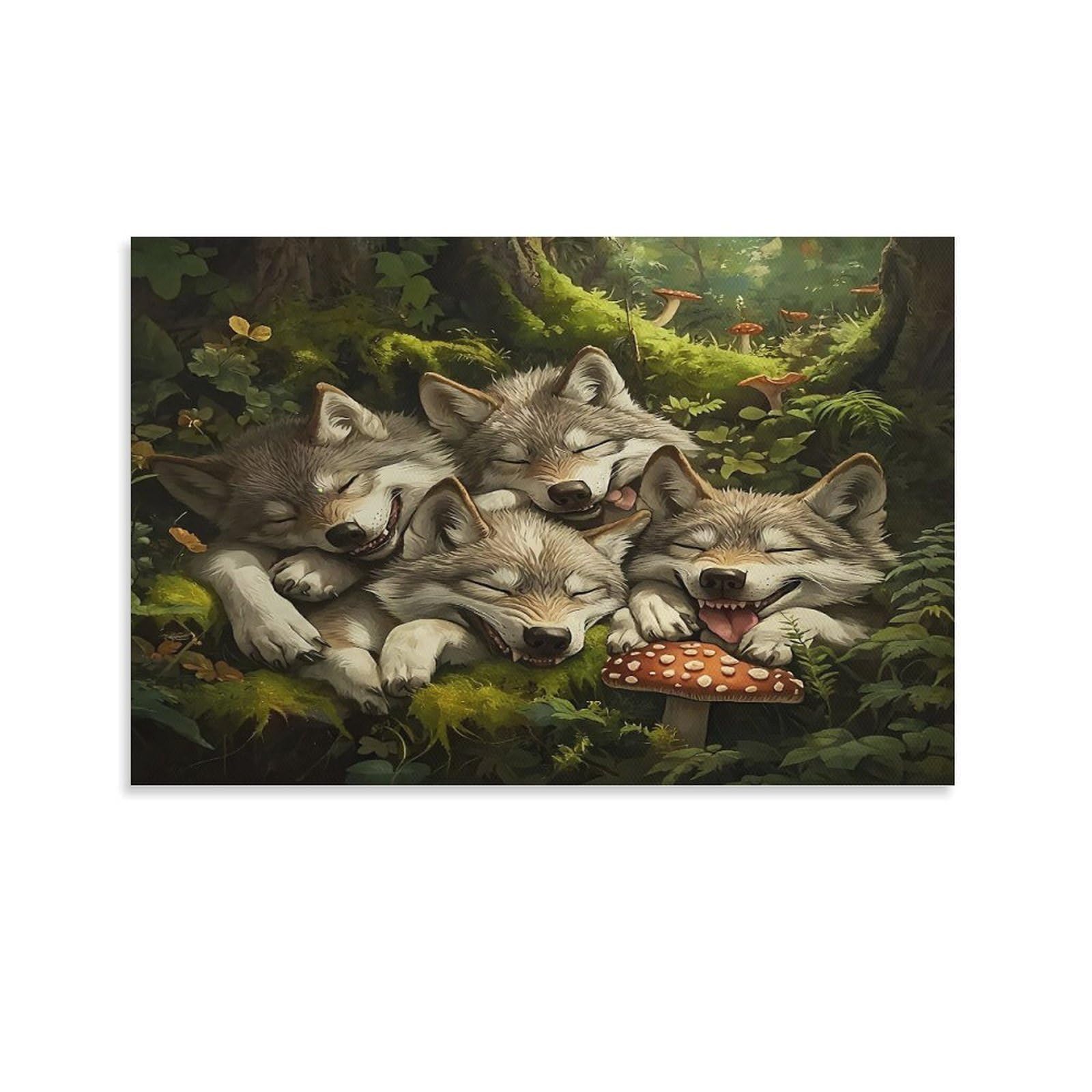 CPLVKWRQJ Snowy Wolf Family Sleeping Together Individual Sleepy Wolf Pups Pile Lush Green Forest Wall Art Pieces - Office Canvas Print Fade Resistant Wall Focal Art Ready to Hang 12x18inch(30x45cm)