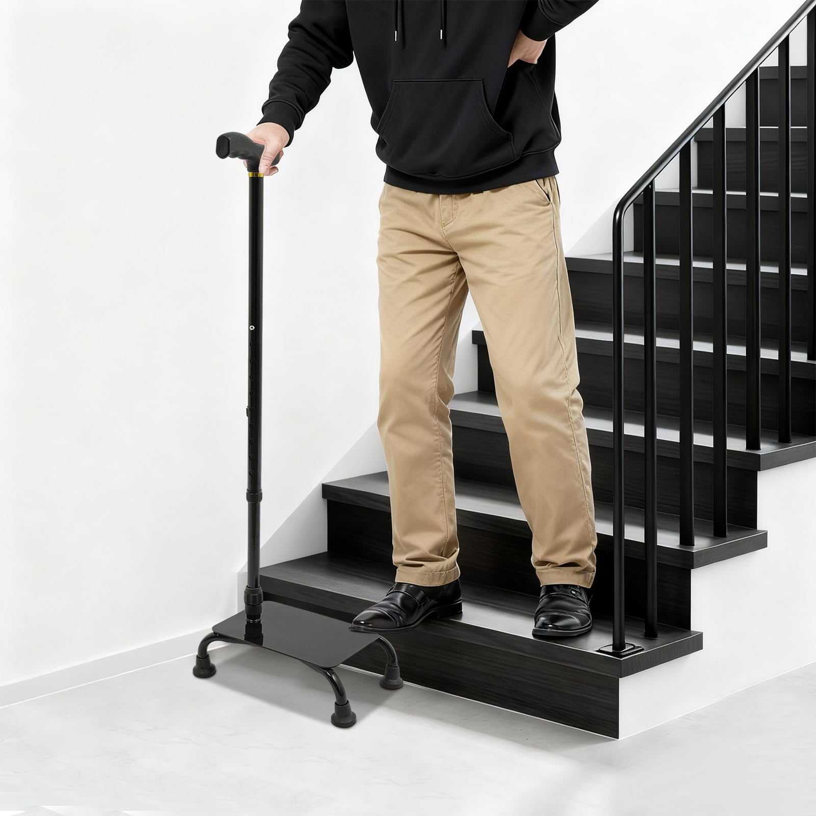 Treppensteig Hilfsstock mit Pedalhöhe, Höhenverstellbarer 4-Punkt Gehstock (29x19x85-105cm), rutschfeste Aluminium Gehhilfe für Senioren & Treppen, Stufenstufen Gehen Mobilitätshilfe für Up und Down