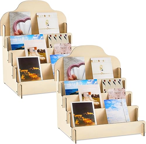 Barydat Soporte de exhibición de tarjetas de felicitación de 4 niveles Soporte de exhibición de etiqueta de madera Soporte de exhibición de tarjetas
