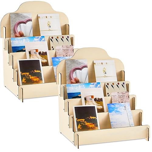 Barydat Soporte de exhibición de tarjetas de felicitación de 4 niveles Soporte de exhibición de etiqueta de madera Soporte de exhibición de tarjetas