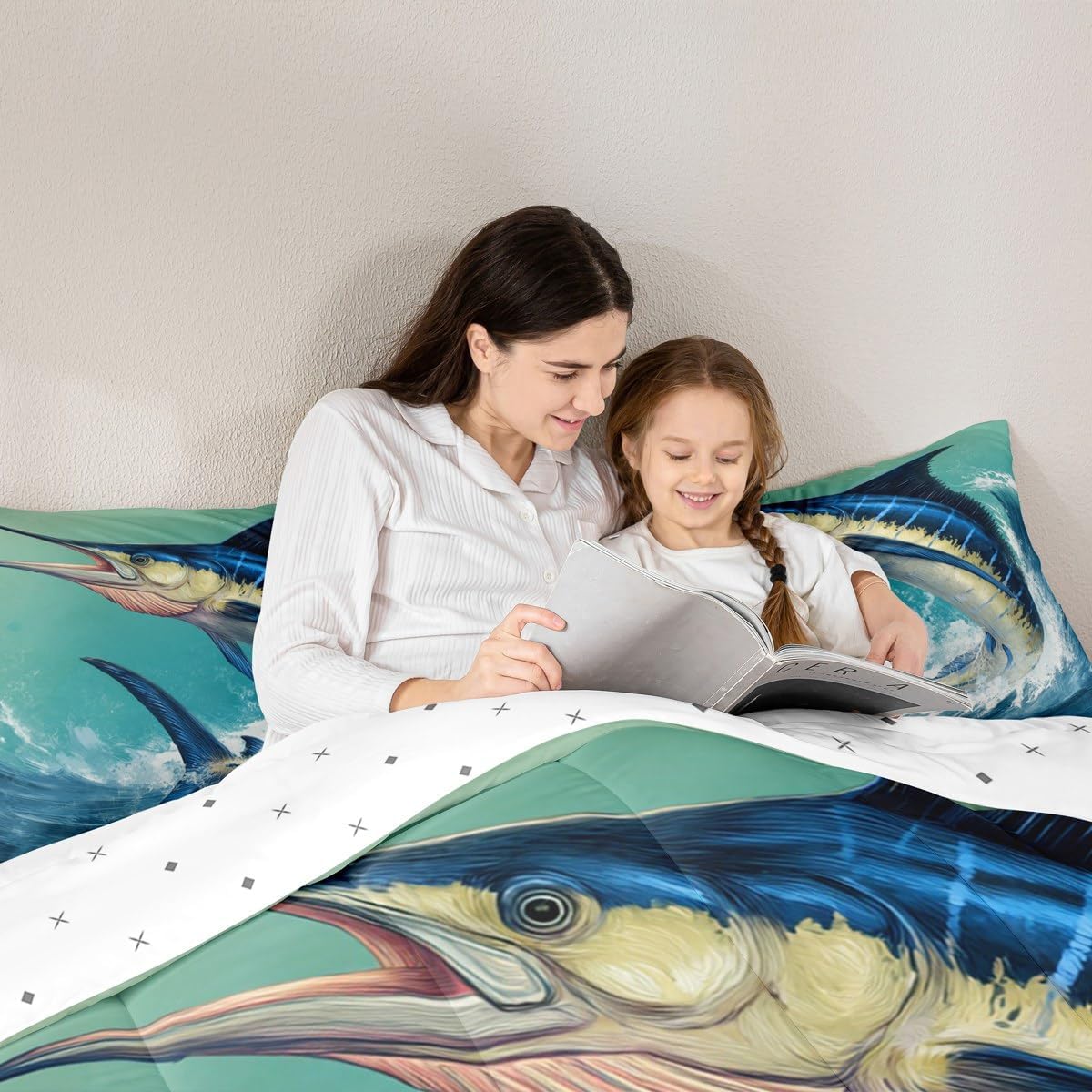 Feelyou Marlin Swordfish Comforter Ocean Fish Bedding Set Nautical Fishing Hunting Comforter Set for Boys Girls Teens Decor Green Wave Duvet Set Twin Size Boys