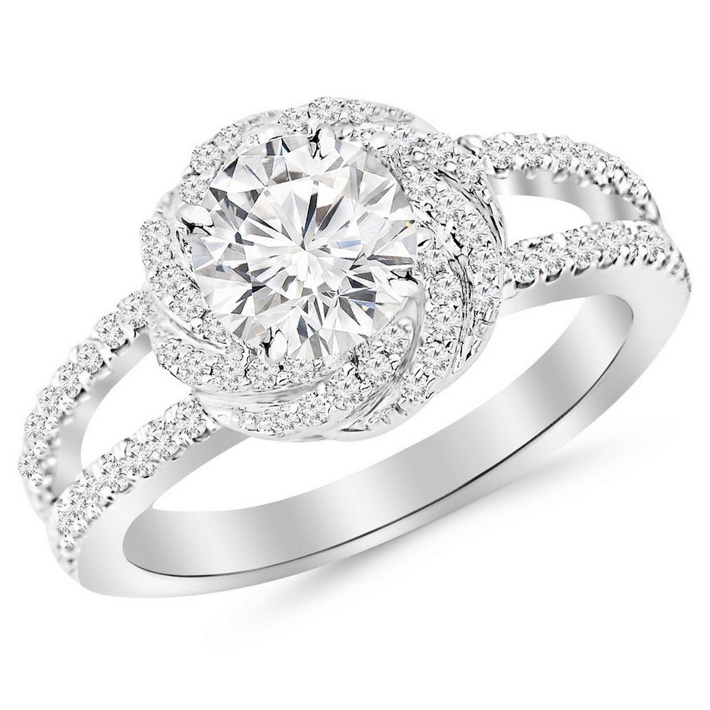 14K White Gold 1 25 Carat LAB GROWN DIAMOND Pave Set Halo Style Floral Split Shank Round Cut