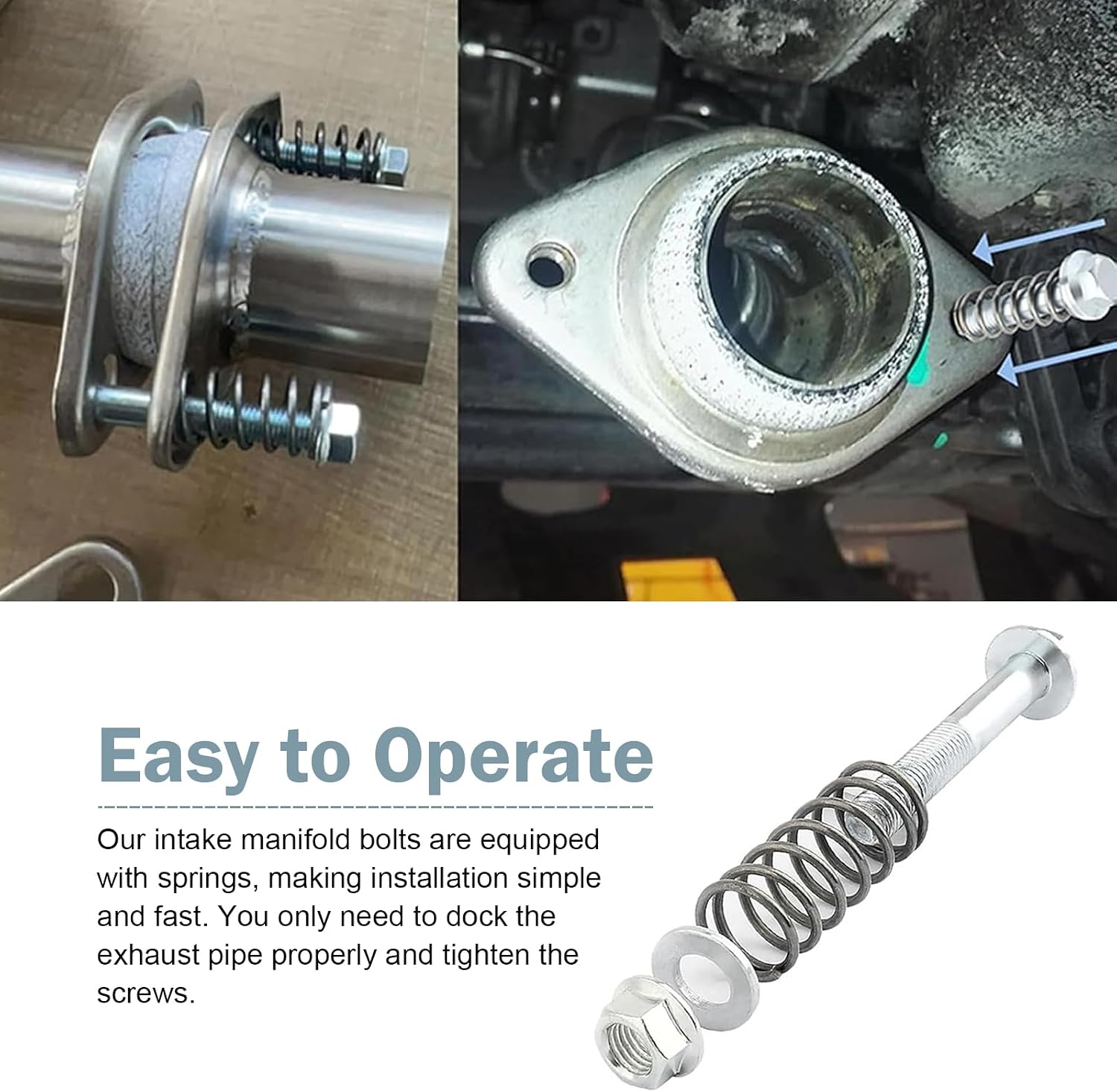 2 PCS Car Exhaust Manifold Bolts, M10 x 1.25 Flange Bolt with Spring Washer, Carbon Steel Rustproof Vibration-damping Fastener, Exhaust Repair Accessory for Cars Trucks SUVs (Silver)