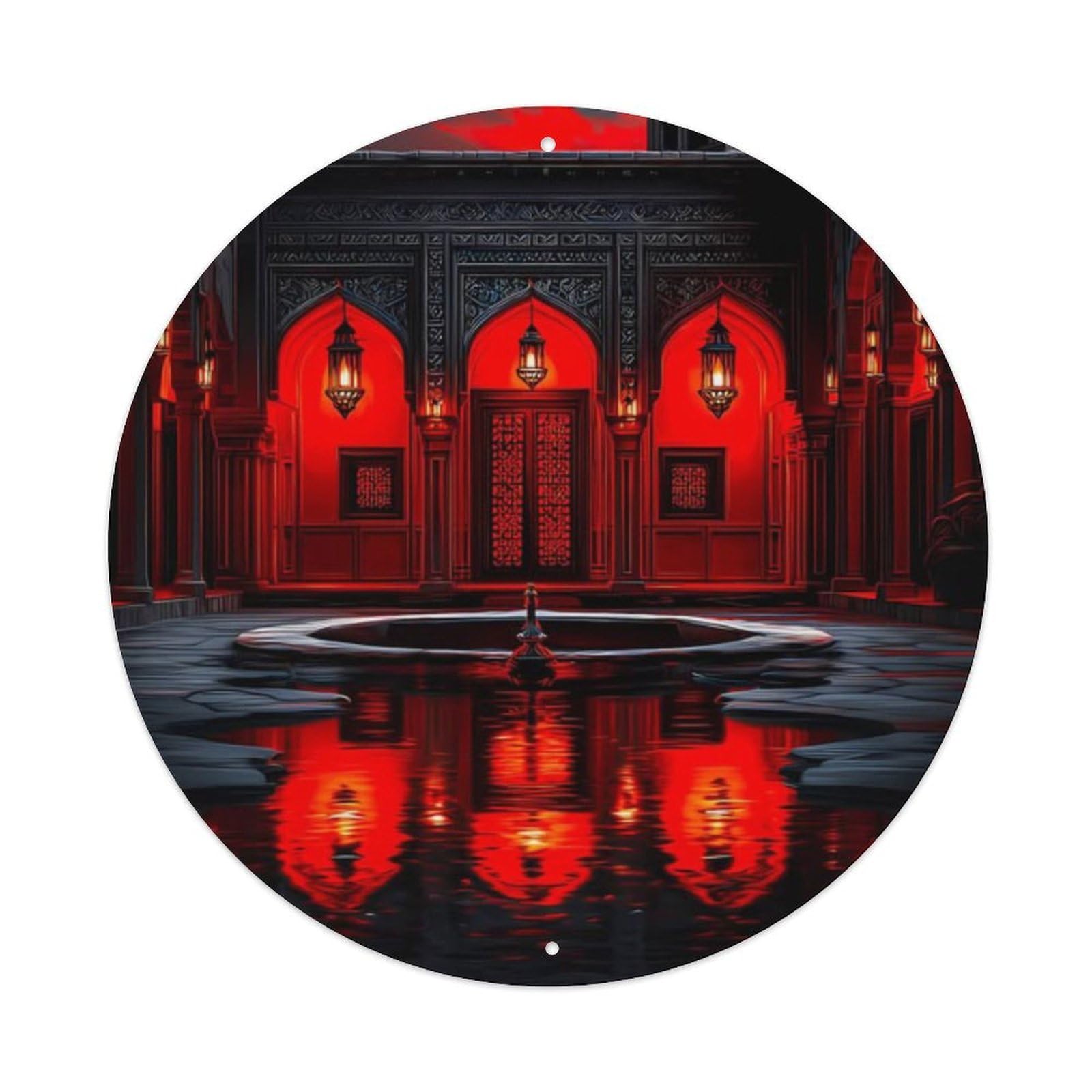 Middle Eastern Architecture Mysterious Night Courtyard Red Black Aesthetic Vintage Metal Tin Sign Plaque Wall Decor for Cafe, Club Bar, Office, Garden Metal Poster 8x8Inch